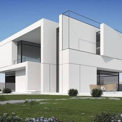 فيلا بيضاء بتصميم هندسي حديث وتشطيب خارجي مكتمل